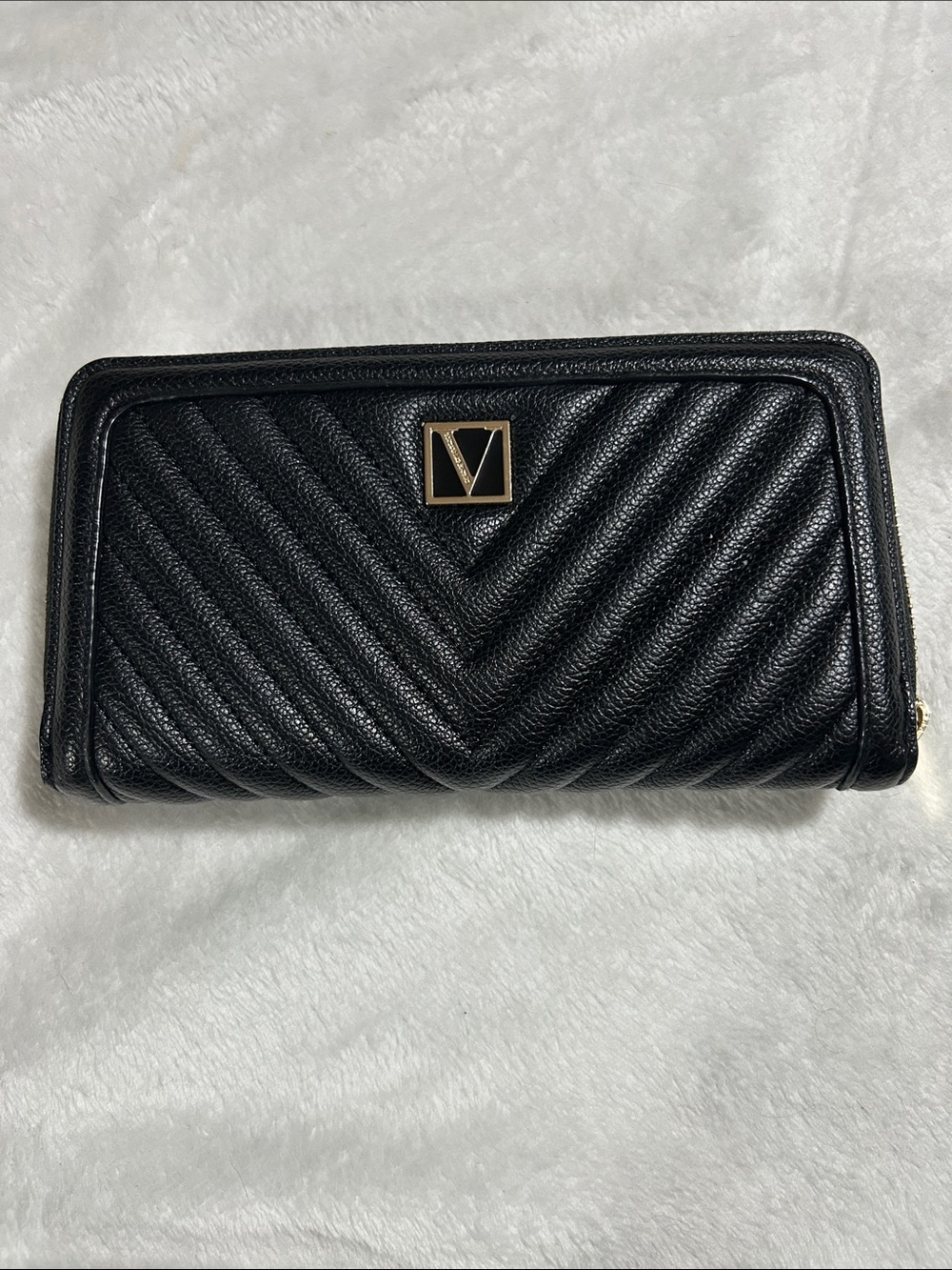 Victoria's Secret Black Quilted Zip-Around Wallet with Gold V Logo